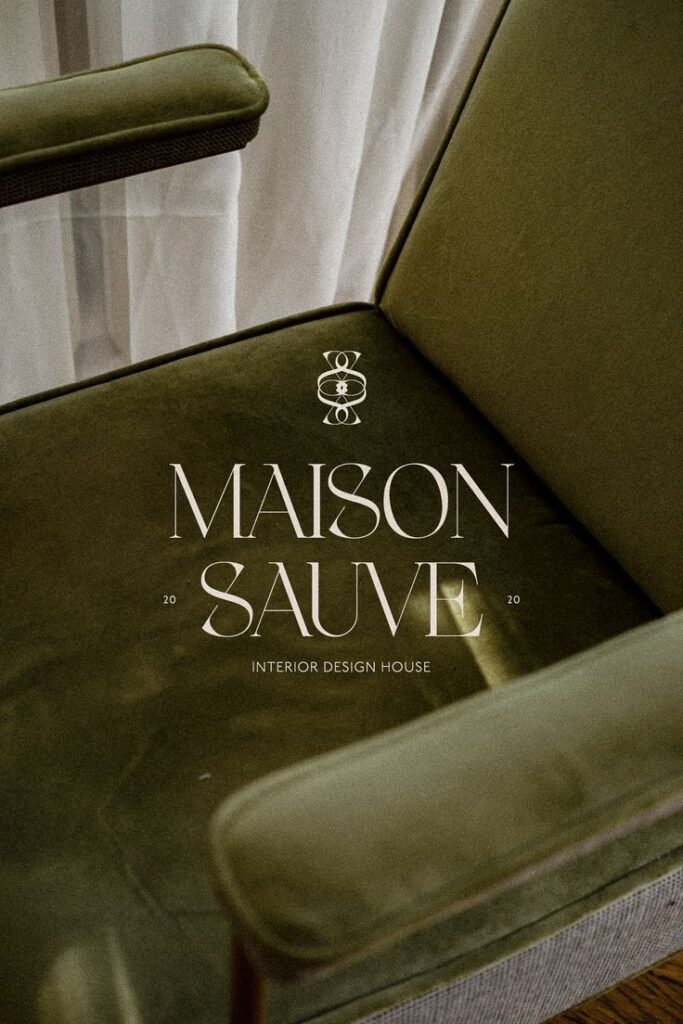 Mid-century modern green chair with text overlay, Maison Sauve Interior Design House. Elegant home decor concept.