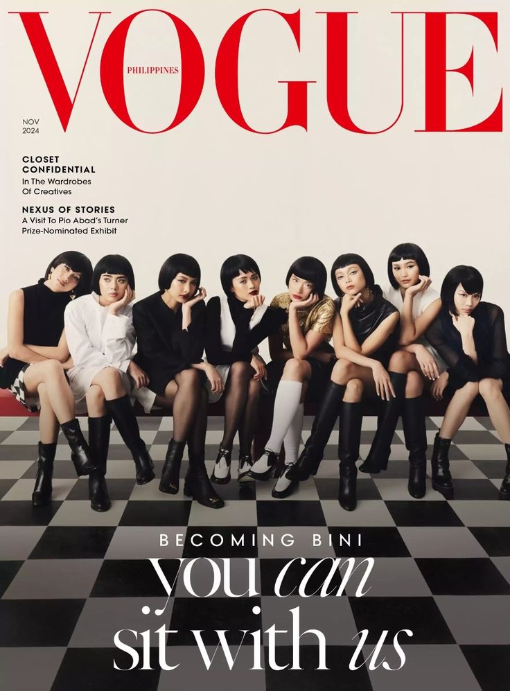 Vogue Philippines Nov 2024 cover featuring BINI in stylish outfits on a checkered floor, headline: You Can Sit With Us.