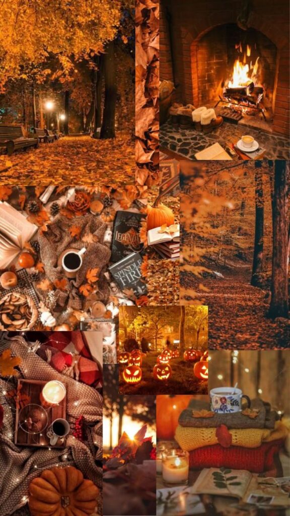 A cozy autumn collage with pumpkins, fall leaves, hot drinks, and warm blankets by the fireplace and outdoors.