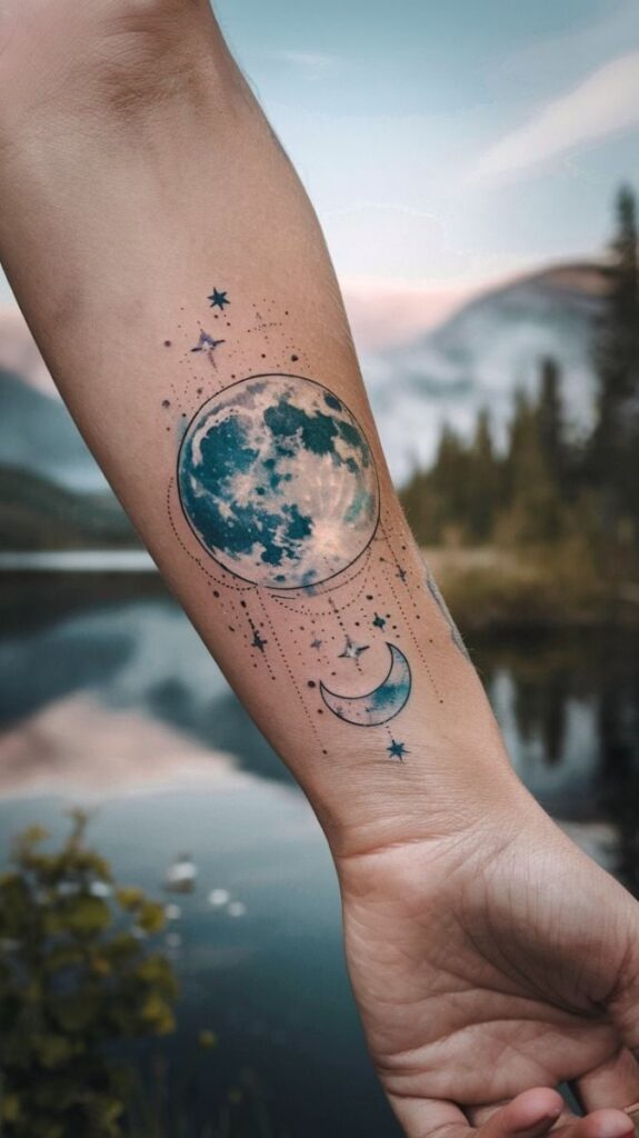 Arm with a colorful moon and stars tattoo against a serene mountain lake backdrop.