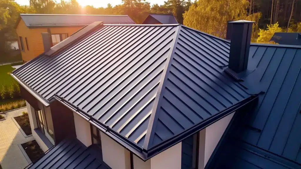 Modern metal roof on contemporary house at sunset, surrounded by trees for sustainable living.