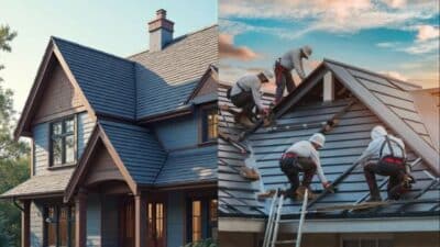 Modern house with a pitched roof and contractors installing a roof on another home under a blue sky.