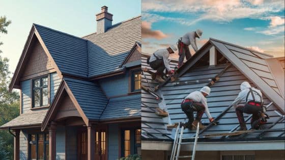 Why Proper Roofing Is Essential for Home Value Modern house with a pitched roof and contractors installing a roof on another home under a blue sky. | Sky Rye Design Modern house with a pitched roof and contractors installing a roof on another home under a blue sky.