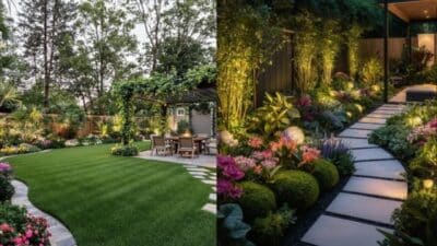 Lush garden with patio seating and night-lit walkway, surrounded by vibrant, manicured plants and greenery.