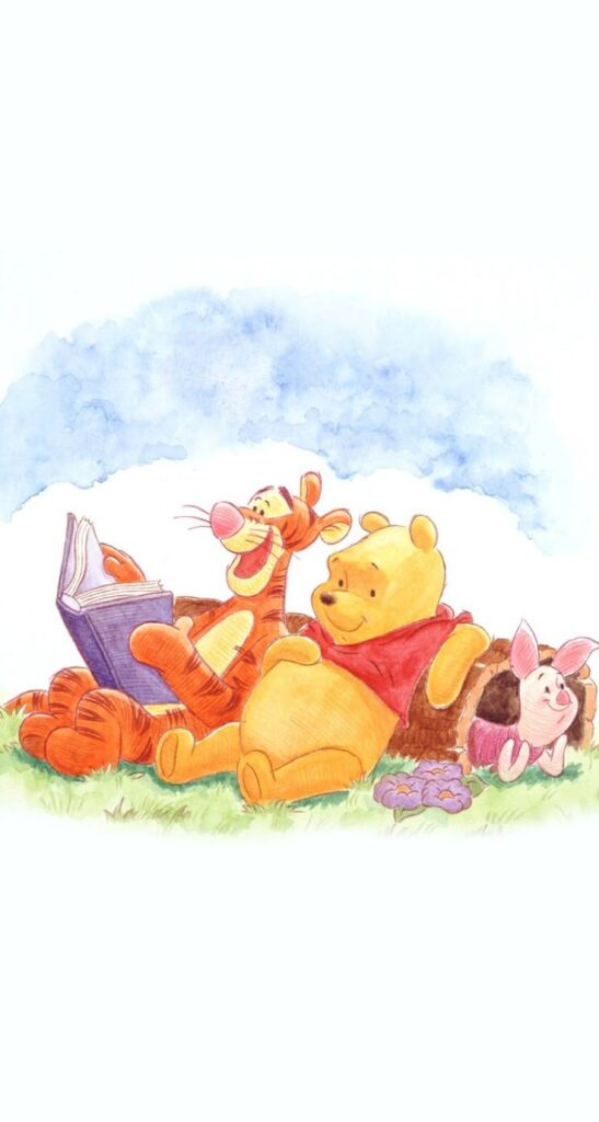 Illustrated characters enjoying a sunny day together, reading and sitting on grass with flowers and blue sky.