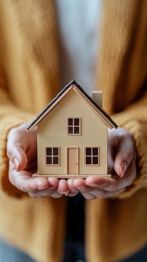 Hands holding a small house model, symbolizing home ownership and real estate investment strategies.