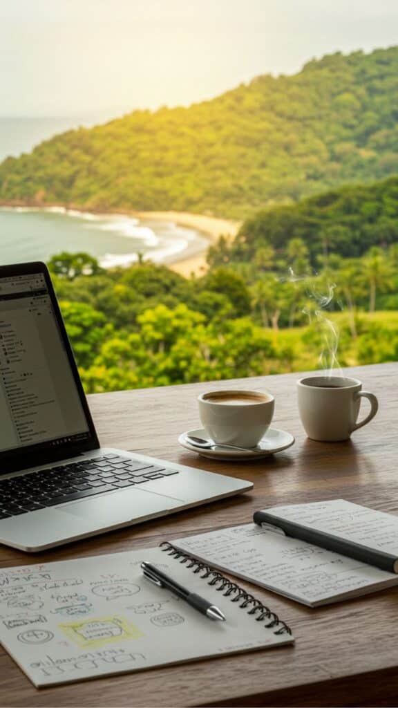 Laptop and coffee on a wooden table overlooking a scenic beach and lush greenery, perfect for productive work sessions.