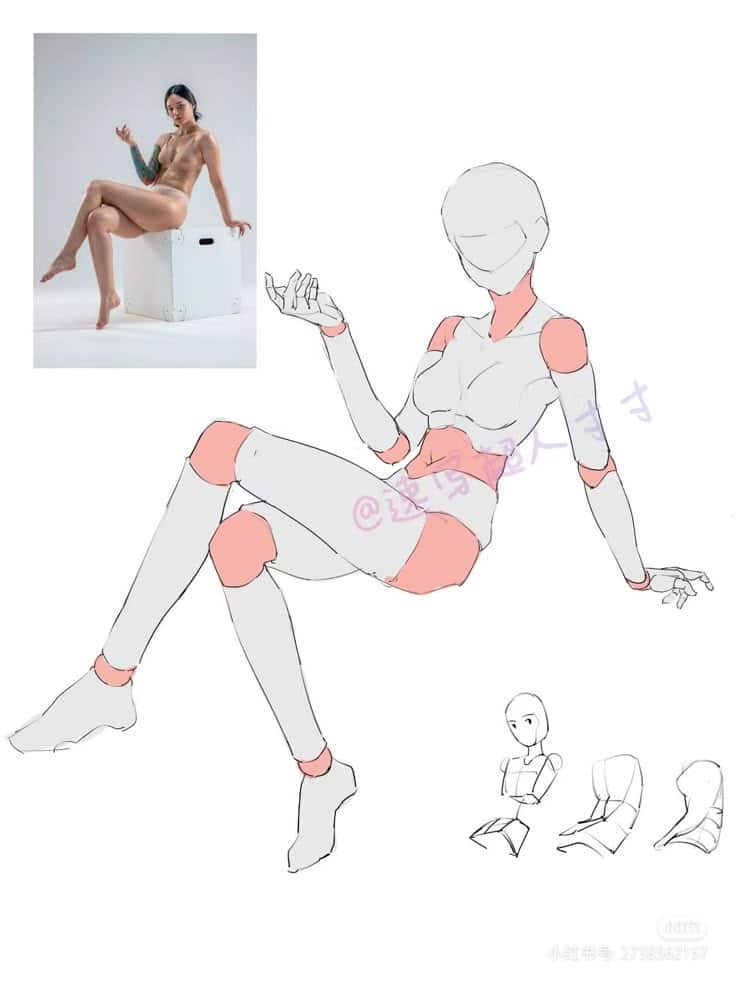 Illustration of a figure sketch and pose reference of a seated woman, emphasizing anatomy and artistic study.