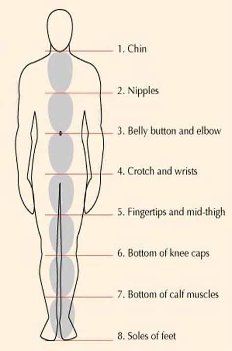 Human body diagram with labeled sections: chin, nipples, belly button, wrists, mid-thigh, knee caps, calves, soles.
