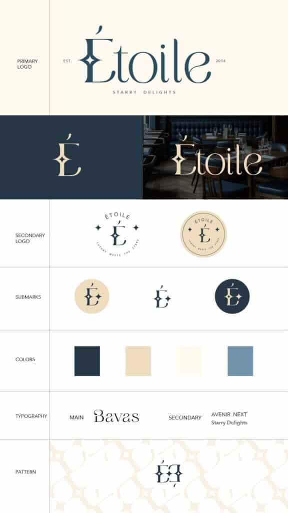 Brand board for Étoile featuring logos, color palette, typography, and pattern design with a starry theme.