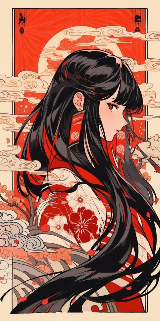 Anime art of a woman with long black hair in a traditional red kimono, set against an ornate floral background.