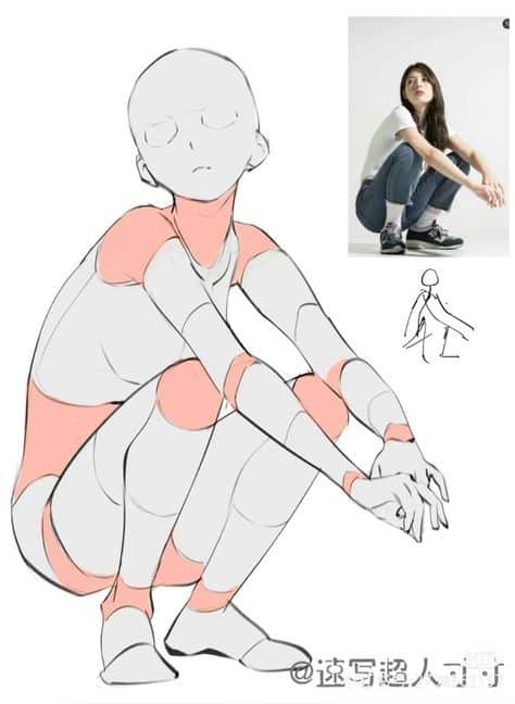 Sketch of a person model with color highlights, inspired by a reference of a crouching woman in casual attire.