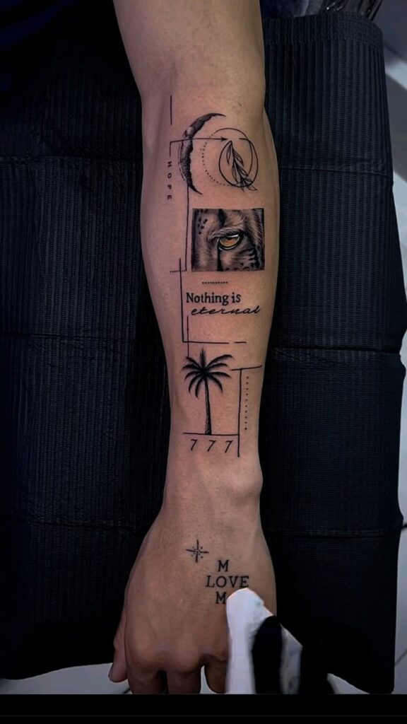 Forearm tattoo featuring an eye, palm tree, and the phrase Nothing is eternal with geometric elements.