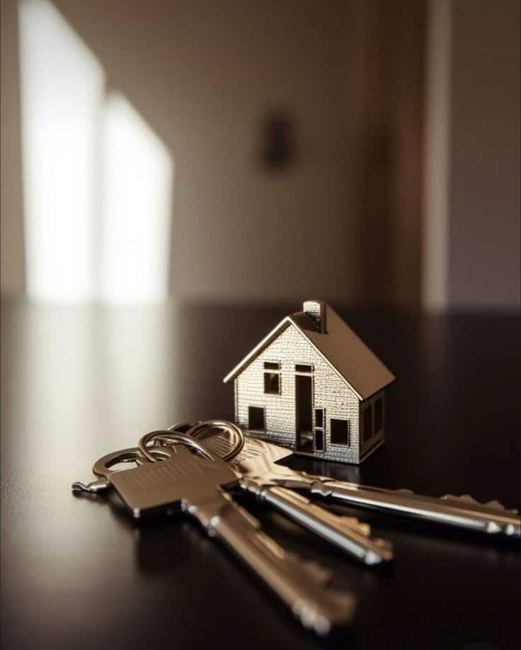 Miniature house with keys on table, symbolizing real estate, home ownership, or property investment. Warm lighting.