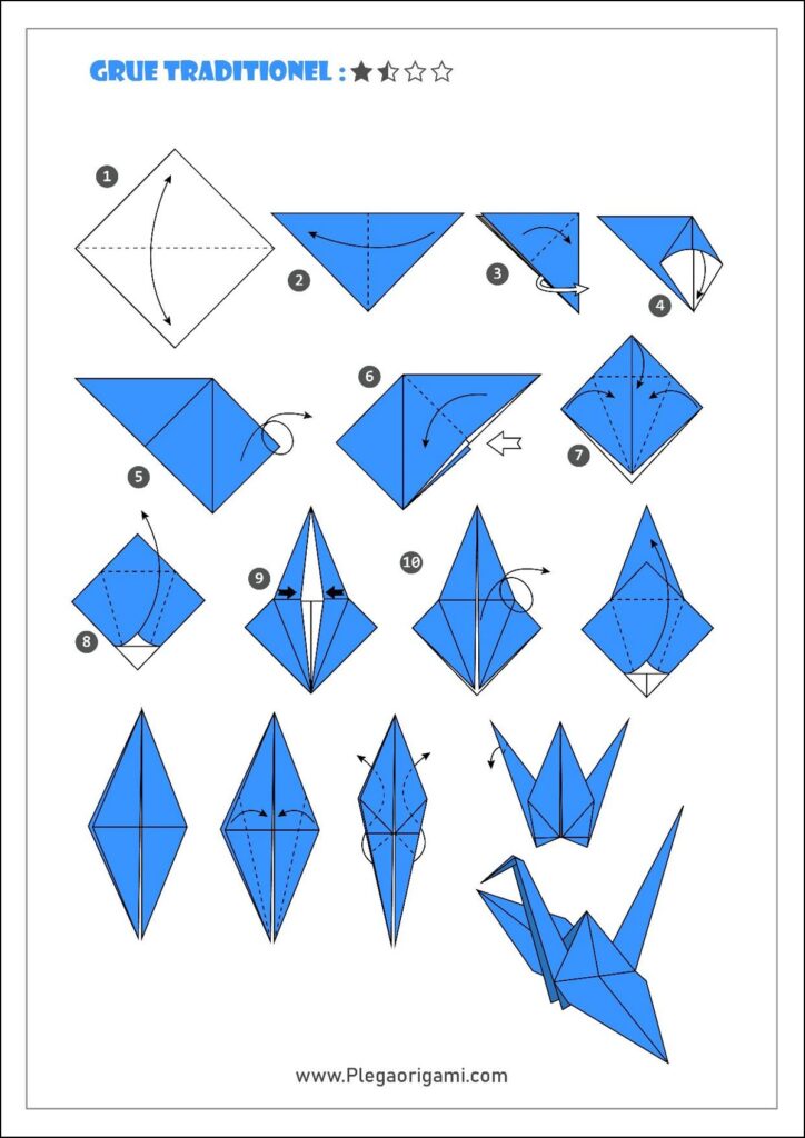 Origami crane folding instructions with twelve blue step-by-step diagrams for making a paper crane.