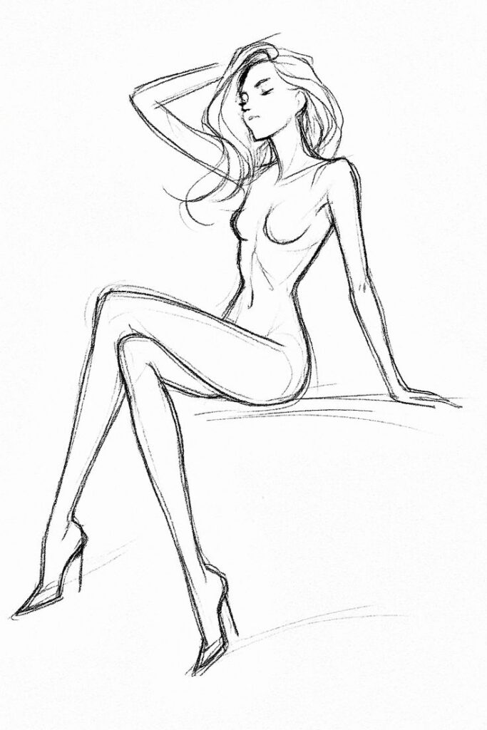 Sketch of a seated, elegant woman with flowing hair and high heels, drawn in a minimalist style.