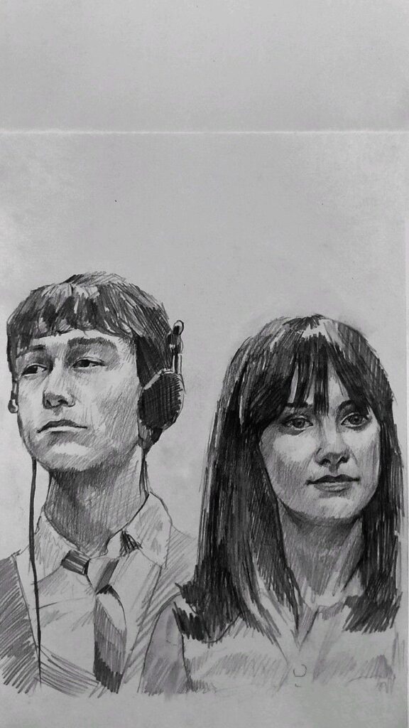 Hand-drawn portrait of two people, one wearing headphones. Black and white sketch with detailed shading and expression.