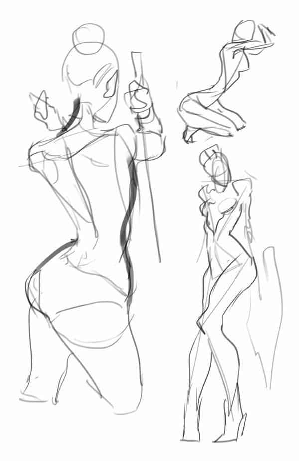 Dynamic sketch of a female figure in three poses, showcasing fluid lines and expressive anatomy studies.