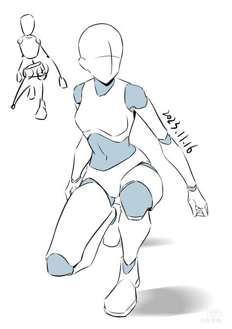 Illustration of a pose reference showing a stylized human figure in a dynamic crouching position, dated 2023.11.16.