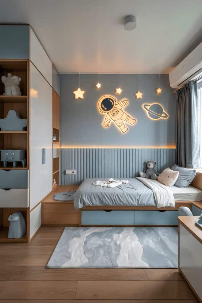 Kids' space-themed bedroom with astronaut light, stars, and cozy decor. Stylish and playful children's room design.