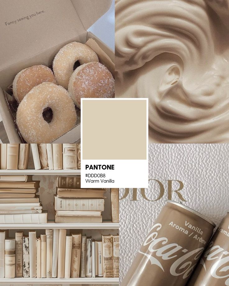 Collage of warm vanilla shades with donuts, creamy texture, books, and Coca-Cola cans for a soothing aesthetic.