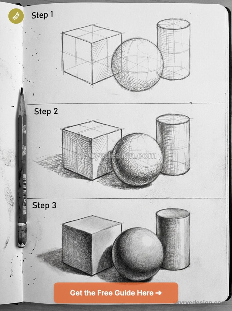 Step-by-step pencil drawing tutorial showing cube, sphere, and cylinder progressing from construction lines to full shading.