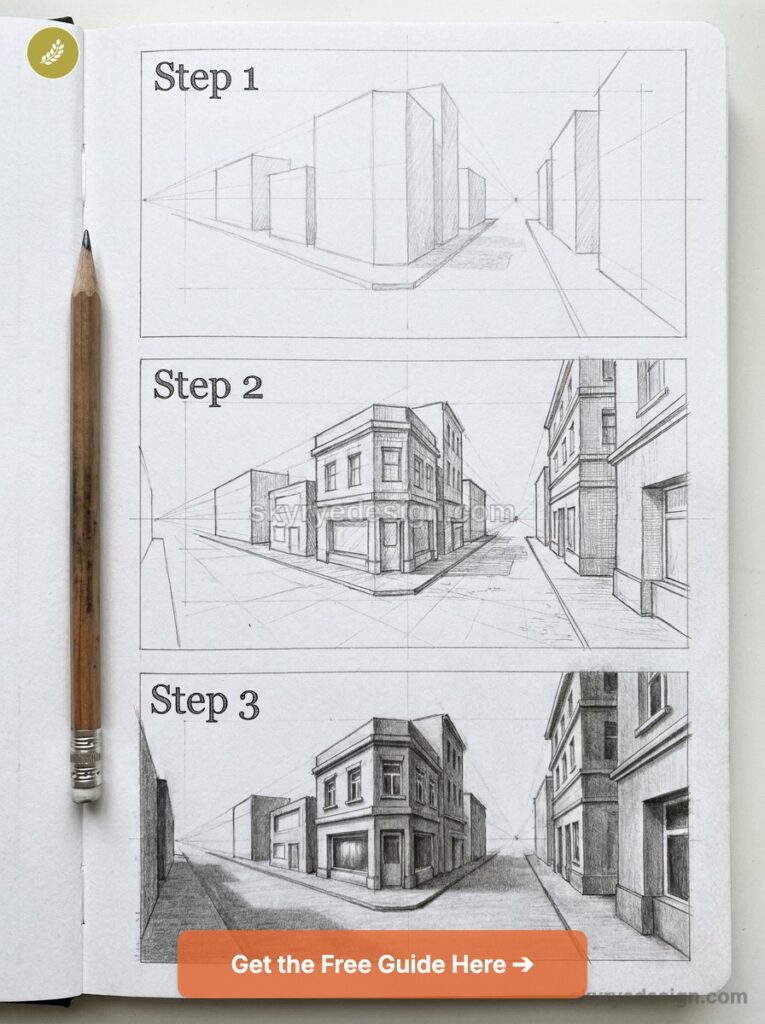 Perspective drawing tutorial sketchbook: three-step pencil city street, from basic blocks to detailed buildings.