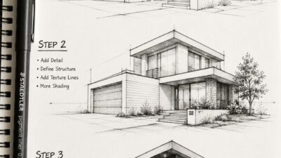 Step-by-step architectural sketch tutorial of a modern two-story house with perspective lines, shading, pen on notebook
