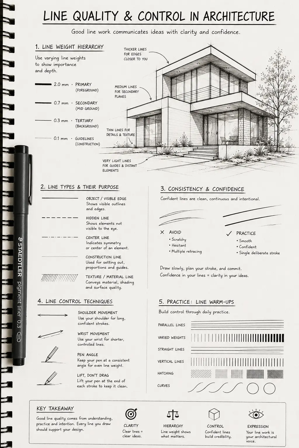Sketchbook page'Line Quality & Control in Architecture' with modern house drawing, line-weight guide and drawing techniques.