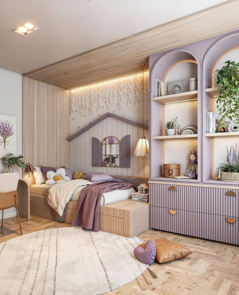 Cozy children's bedroom with purple accents, wooden textures, and stylish decor for a playful, inviting atmosphere.