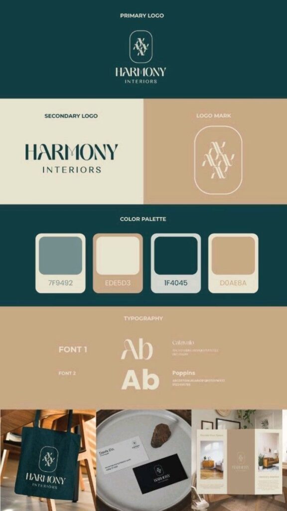 Harmony Interiors branding board with logos, color palette, typography, and product mockups.