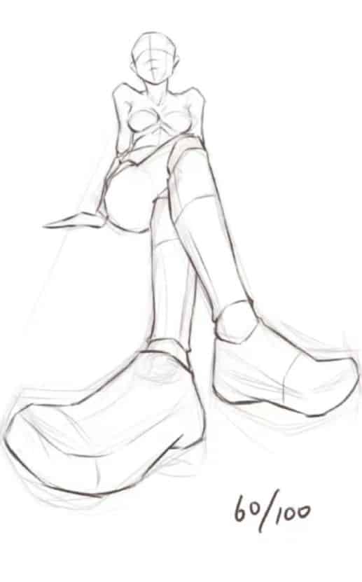 Sketch of a seated figure with oversized shoes, number 60/100, minimalist drawing style.