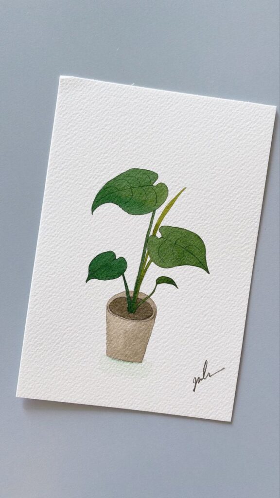 Watercolor illustration of a potted green plant on textured white paper, minimalist art design.