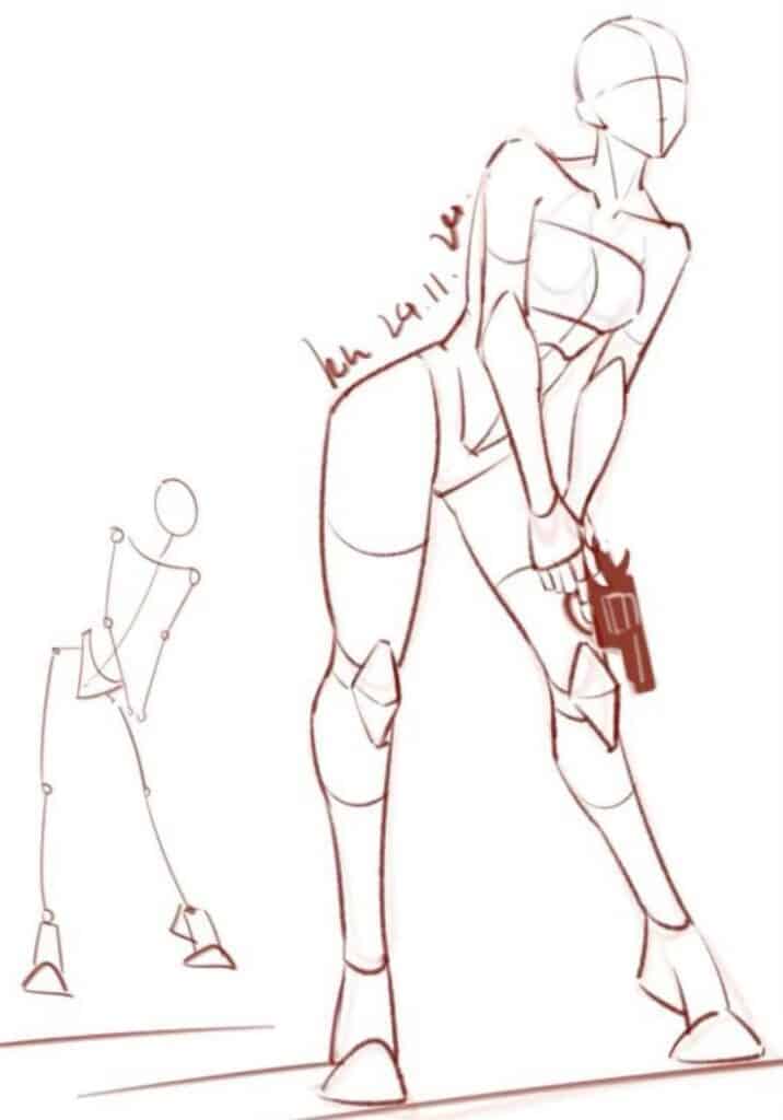Sketch of a faceless figure holding a gun, focusing on dynamic pose and anatomical proportions.