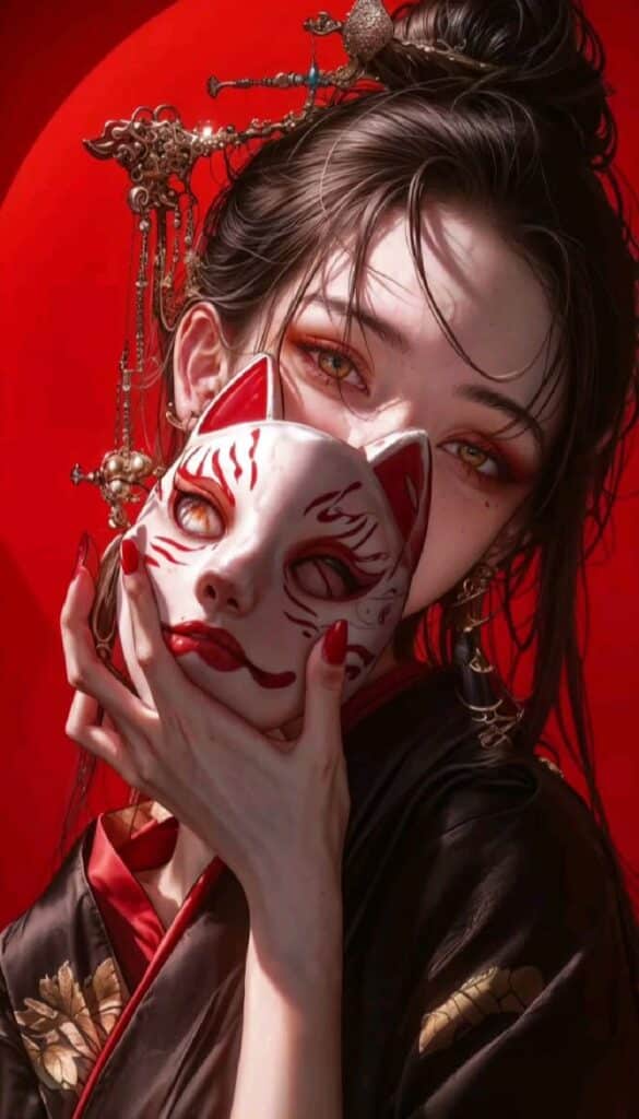 Mystical woman holding kitsune mask, adorned in detailed traditional attire with ornate hair accessory; vibrant red backdrop.