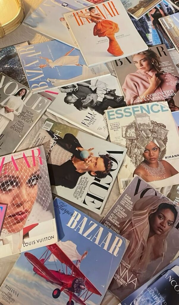 b54f7afd-12b2-4247-9743-9f9b768179a5 Scattered fashion magazines on a table, featuring vibrant covers and iconic publications. | Sky Rye Design Scattered fashion magazines on a table, featuring vibrant covers and iconic publications.