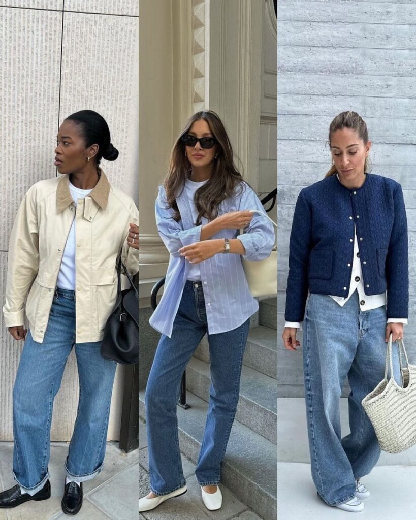 Three women in casual chic outfits with denim, showcasing stylish streetwear fashion.