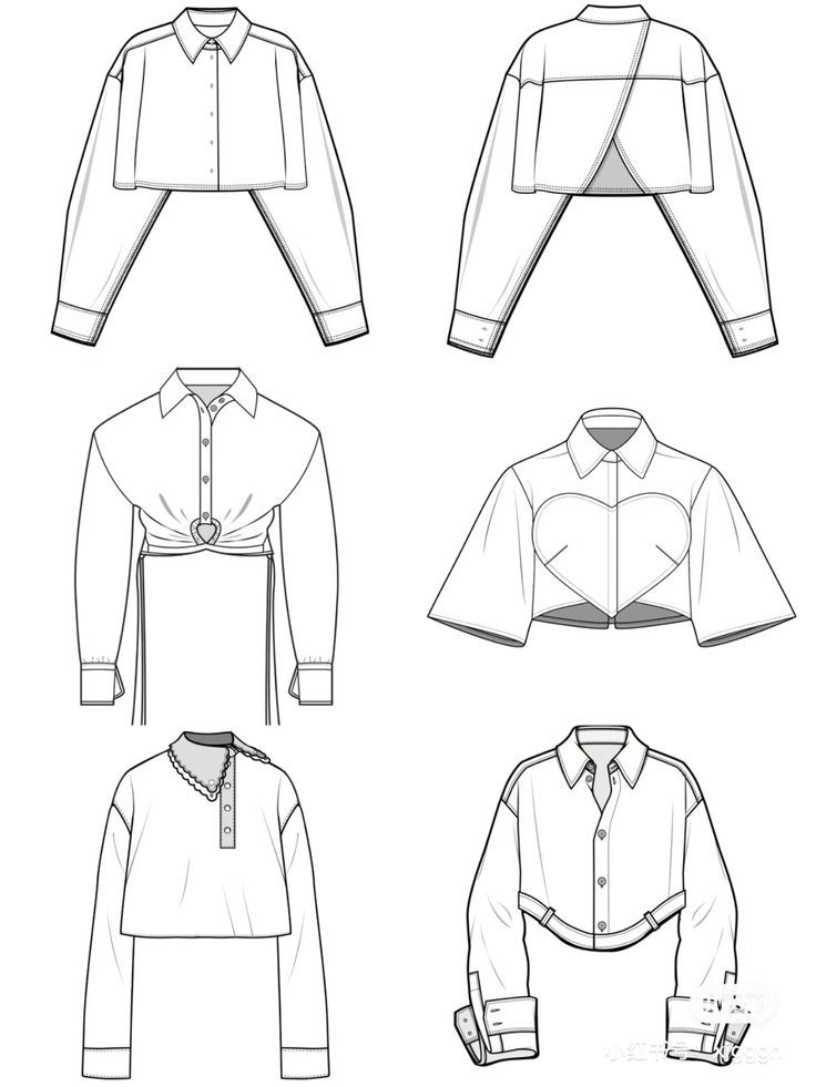 Fashion design sketches of six unique shirt styles with varying collars and sleeves, showcasing modern trends.
