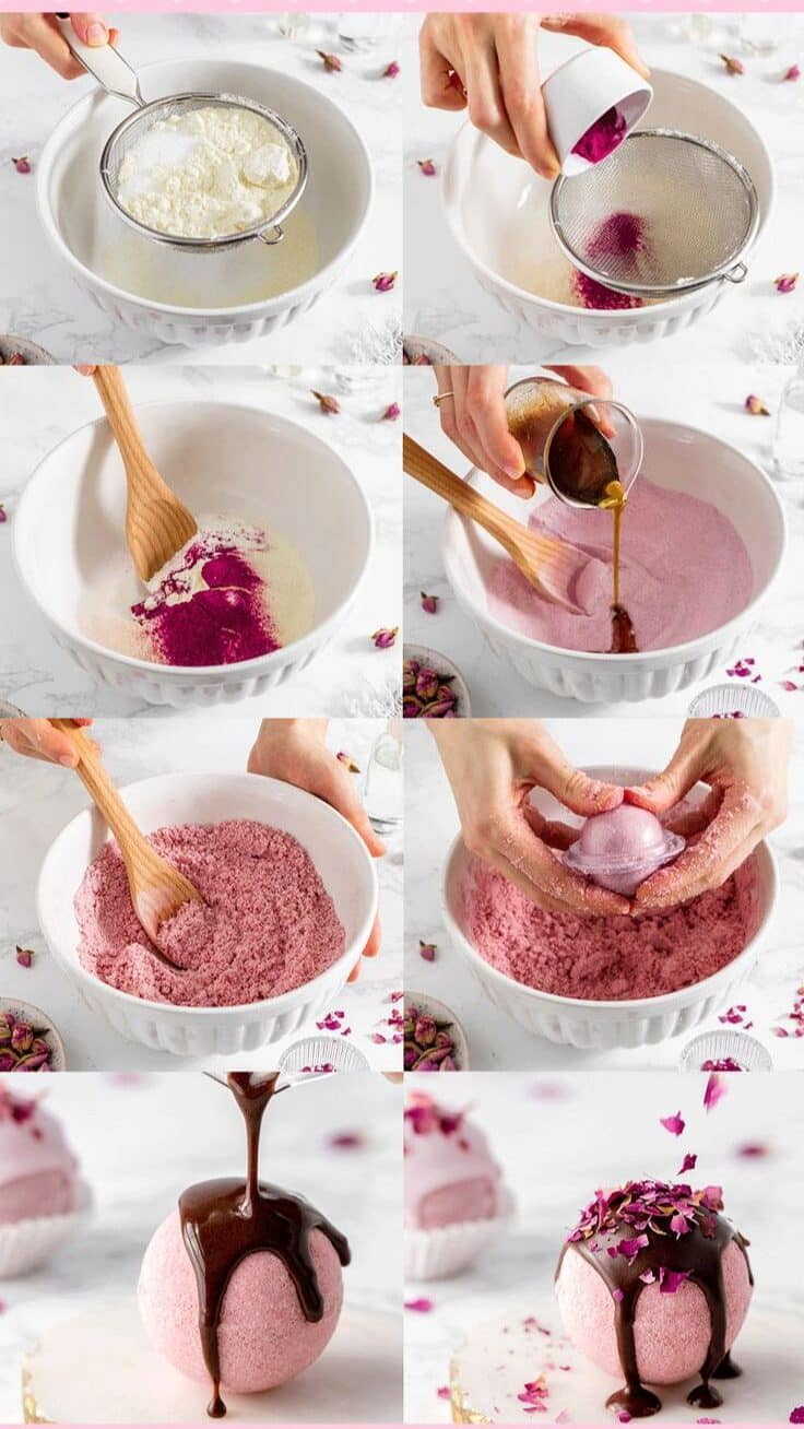 Step-by-step guide to making DIY chocolate rose bath bombs with ingredients and final product.