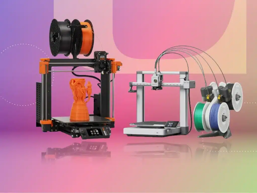 3D printers with filament spools on colorful background, showcasing orange printed model.