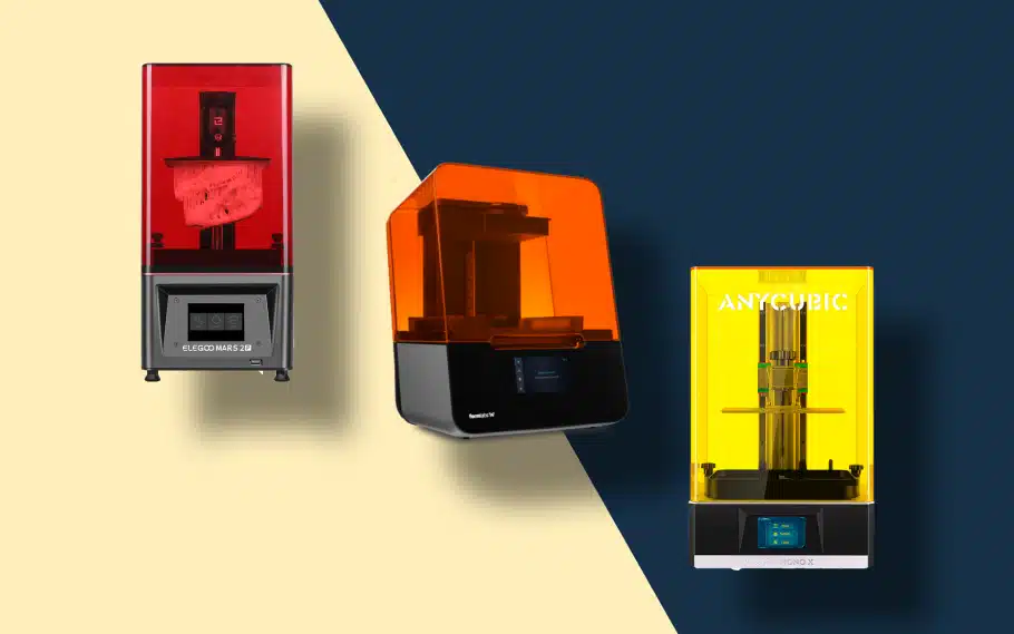 Three colorful 3D printers on contrasting backgrounds showcasing modern design and technology.