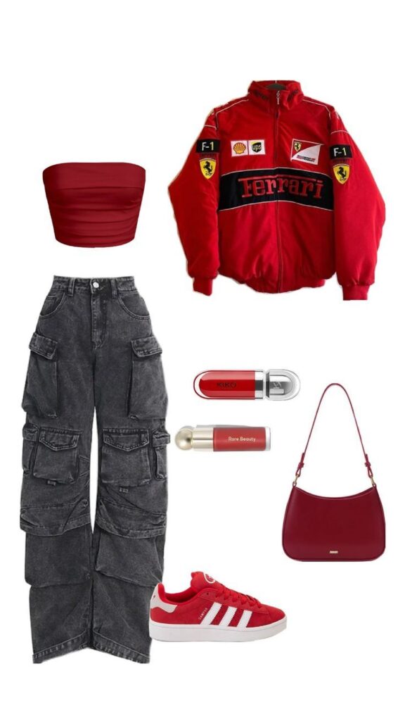 Trendy red Ferrari jacket outfit with cargo pants, red sneakers, crop top, handbag, and makeup essentials.