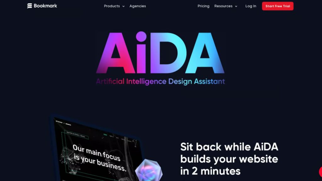 AiDA website builder banner: Sit back while AiDA builds your website in 2 minutes with colorful logo.