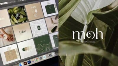 Design concepts displayed on a screen and leaf-themed graphic with moh Midori No Himitsu text featured.