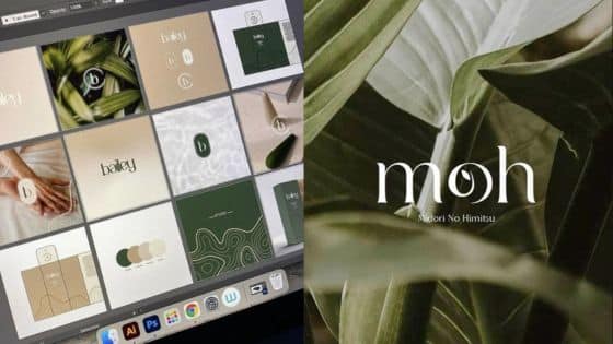 brand mark ideas Design concepts displayed on a screen and leaf-themed graphic with moh Midori No Himitsu text featured. | Sky Rye Design Design concepts displayed on a screen and leaf-themed graphic with moh Midori No Himitsu text featured.