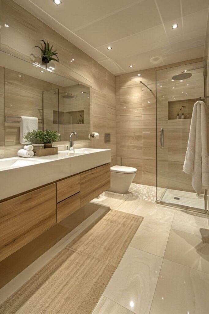 Modern bathroom with wooden vanity, glass shower, and beige tiles, illuminated by recessed lighting.