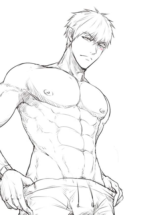 Black and white sketch of a muscular male anime character with short hair and serious expression.