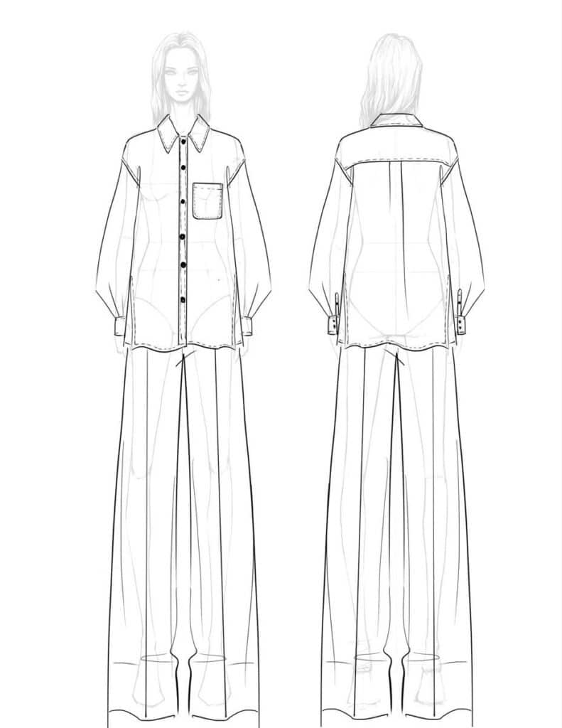 Fashion illustration of loose-fit shirt and wide-leg pants, front and back view, technical sketch.