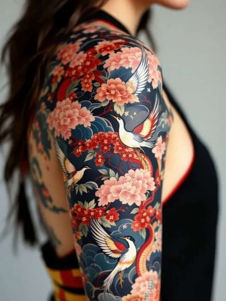 Colorful floral and bird tattoo sleeve on woman's arm, featuring vibrant pink flowers and intricate details.