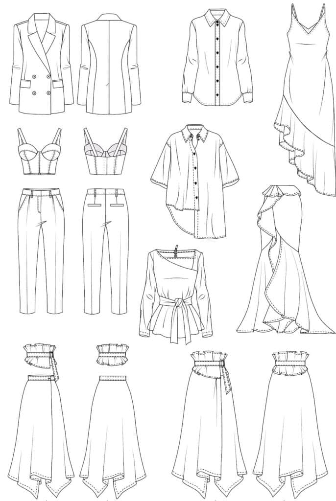 Illustration of nine fashion designs featuring jackets, dresses, blouses, and pants in various styles.